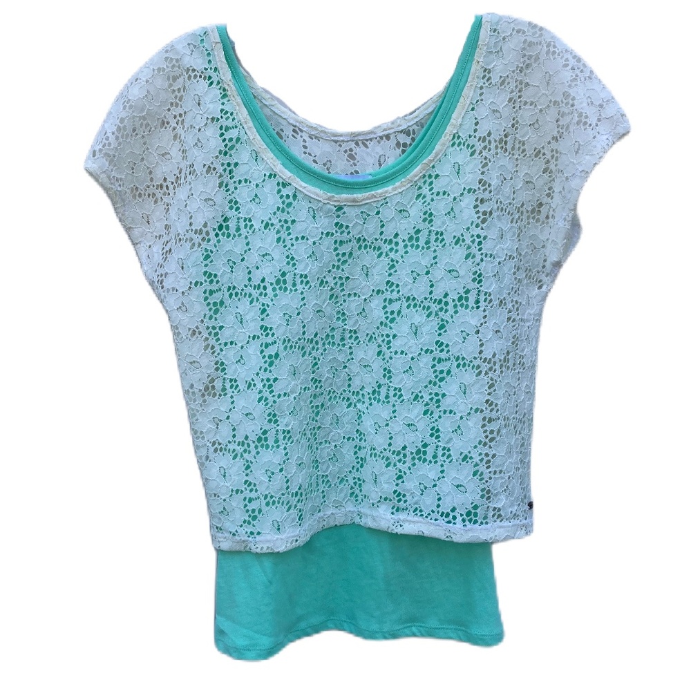 O'Neill short sleeve tee crochet lace shirt cream green girls large